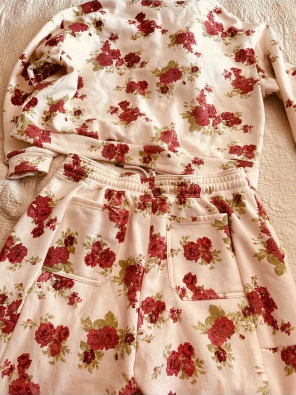 Olive & Oak Cream Floral Track Joggers with Red Rose Print